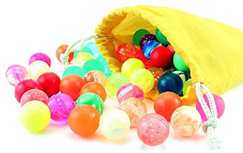 Flummix - 100 bunte Flummis im gelben Baumwollbeutel mit Kordeln - Ø 20 mm