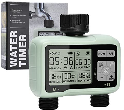 Johgee Sprinkler Timer 2 Zone, Water Timer for Garden Hose Faucet 2 Outlet, Programmable Water Hose Timers Irrigation System Controller with Child Lock Mode, Auto & Manual Mode, Rain Delay for Garden