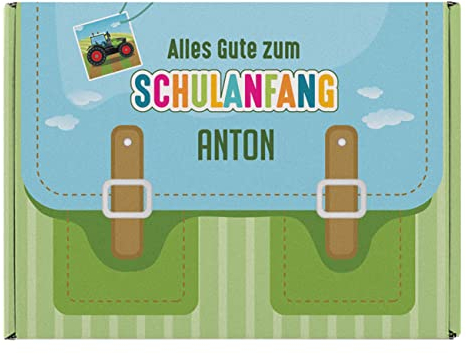 Striefchen® Alles Gute zum Schulanfang - Geschenkverpackung mit Name (Schulranzen Grün, ca. 21,5 cm x 8,5 cm x 15,5 cm (B/H/T))