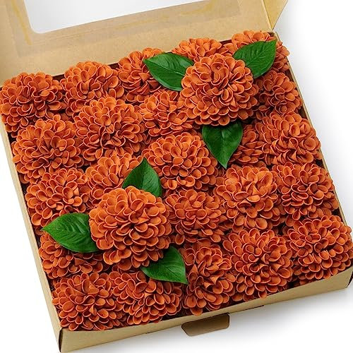 Piklado Artificial Wedding Cake Flowers Dahlia Flowers 25 pcs with Stem for DIY Wedding Decor Centerpieces Arrangements Bouquets (Orange)