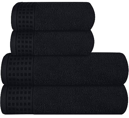 GLAMBURG Ultra Soft 4er-Pack Handtuch-Set, Baumwolle, enthält 2 übergroße Badetücher 70 x 140 cm, 2 Handtücher 50 x 90 cm, für den täglichen Gebrauch, kompakt und leicht — Schwarz