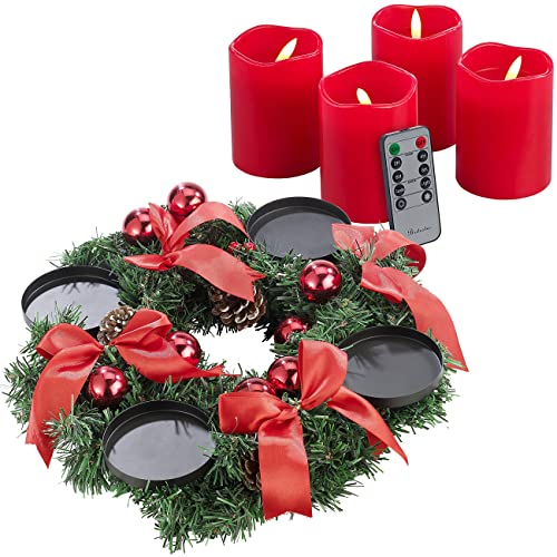 Britesta Adventkranz: Adventskranz mit rotem Schmuck, inkl. LED-Kerzen in rot (Weihnachtskranz, Adventsdeko-Kerzen-Kranz, Weihnachten)