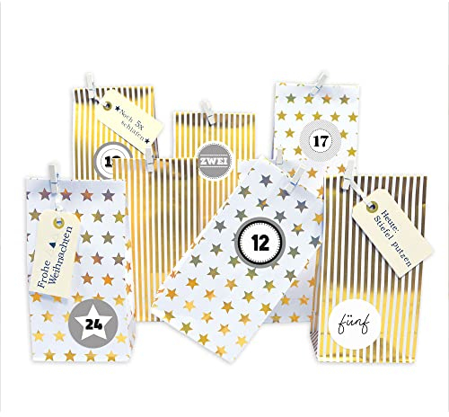 Frau WUNDERVoll® DIY Adventskalender zum Befüllen Weihnachtszeit, Blockbodenbeutel 12(L) x7(B) x24(H) cm weiß/gold mit Streifen und Sternen, Ziffern grau/Weihnachten, Papiertüten, Kinder, Aufkleber