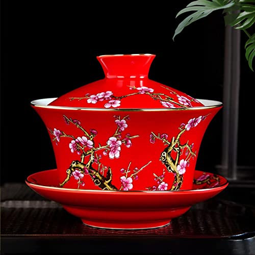 KOPYFANTAP Gaiwan Tazza, Tazza da tè con Piattino e Coperchio, Set da Tè in Porcellana Cinese 300 ml, Rosso Motivo in Rilievo per Fiori di Prugna