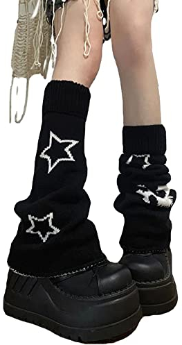 Y2k Stulpen mit Sternentotenkopf-Druck, zwei Seiten, gestrickt, Punk, Mädchen, japanische Kawaii-Stulpen, Streetwear, Beinabdeckung, Schwarz, Einheitsgröße