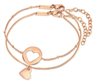 Eastside Damen Set (Armband 2er) Edelstahl roségold | rosévergoldet 18 Karat, Ankerarmband/Ankerarmband mit Kugeln, Herz, Karabinerverschluss