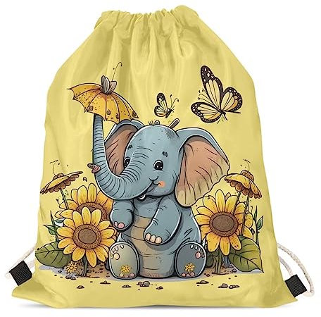 HELLHERO Turnbeutel mit Kordelzug, Rucksack für Kinder, Damen, Herren, Reisen, Sport, Sonnenblume Elefant, One size