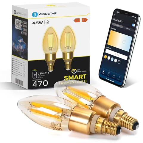 Aigostar Alexa Glühbirne E14 Edison Glühbirne 4.5W 470LM Dimmbare Retroglühbirnen C35 Smart Lampe Wlan Dimmbar 2700K-6500K App Steuern Kompatibel mit Alexa und Google Assistant. Bernstein 2 Stück