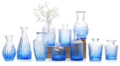 Vases Set Of 10 Blue, Centerpiece Table Decorations, Small Vintage Vase for Wedding Decor, Glass Vases In Bulk, Wedding Centerpiece, Tapered Blue Glass Bud Vase, Home Table Flower Décor by Snapplent