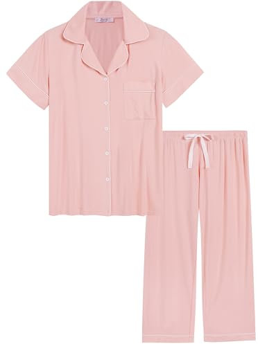 Amorbella Womens Capri/Cropped Pyjamas Set Button Down/Up/Front Short Sleeve Pajamas Lightweight Pjs(Peach Coral. Medium)