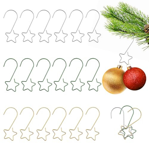 60 Stück Kugelaufhänger für Christbaumkugeln, Aufhänger für Weihnachtskugeln Klein Christbaumhaken Gold Silber Grün, Metall Stern S Haken für Deko-Anhänger und Weihnachtsbaumschmuck