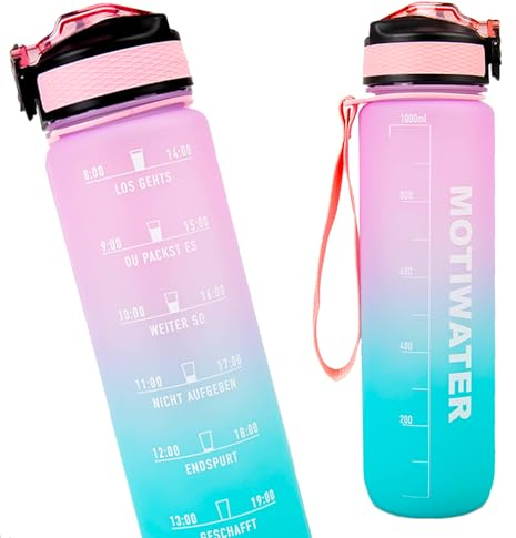 Trinkflasche 1L, deutsch, Motivation, Spühlmaschinen geeignet, Wasserflasche Auslaufsicher, BPA Frei, Sportflasche mit Zeitmarkierung (Türkis/Pink (weiße Schrift))