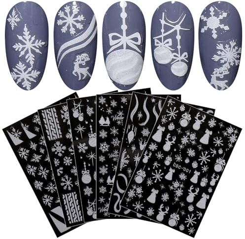 jmeowio 8 Sheets Christmas Glitter Nail Art Stickers Decals Self-Adhesive Snowflake Xmas Winter Holiday Cute Blue White Nail Supplies Nail Art Design Decoration Accessories