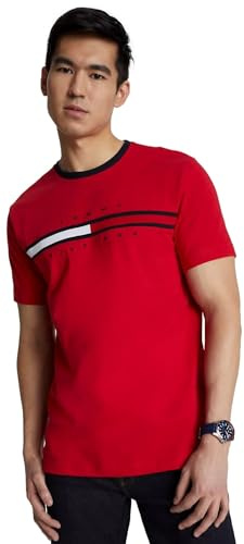 Tommy Hilfiger T-shirt à col rond brodé avec logo Tommy pour homme, coupe classique, taille L, blanc, Rouge, Taille L
