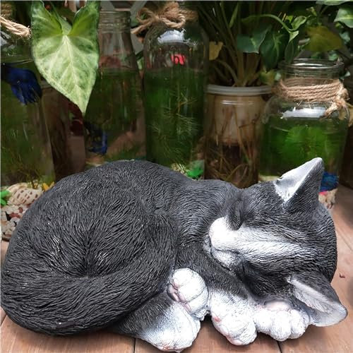 Statue de chat réaliste pour extérieur, figurines de chaton endormi, décoration pour terrasse, cour, porche, pelouse, bureau, maison, décoration artistique vive pour chat (noir)