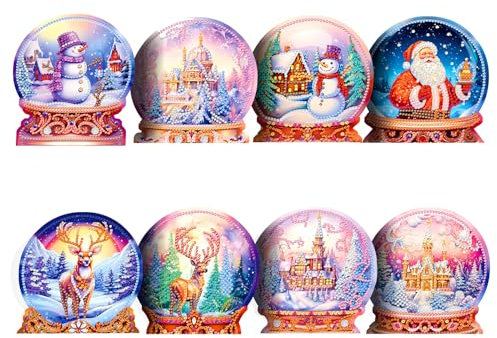 LUSandy 8 paquetes de tarjetas de Navidad de pintura de diamantes 5D para adultos, forma de bola de cristal, muñeco de nieve, castillo de diamantes, tarjetas de felicitación, regalos de manualidades