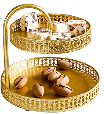 Etagere 2 Etagen Gold - Große Obst- und Gebäckschale, Konfektschale, Dekoratives Rundes Serviertablett für Gemüse, Snacks, Süßigkeiten (Blatt)