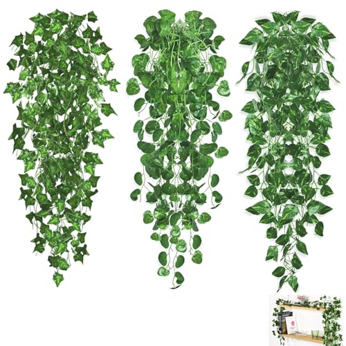 Pianta Artificiale Sospesa, 3 Pezzi Piante Pendenti, Piante Viti Artificiali Sospese, 3 Stili Diversi Artificiali Sospese, Pianta Finta Cadente, Piante Artificiali Decorative, per Interni, Esterni