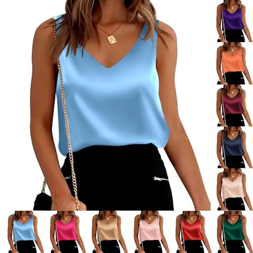 Xiangdanful Canottiera da donna estiva in tinta unita, da donna, con scollo a V, leggera, senza maniche, in morbido raso, confortevole, top estivo, Celeste., S
