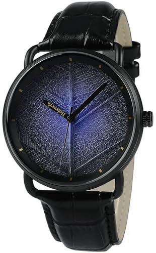 Holzwerk Germany® Herren-Uhr Damen-Uhr Unisex Natur Armband-Uhr Analog Quarz-Uhr Schwarz Grün mit Blatt Zifferblatt (Blau)
