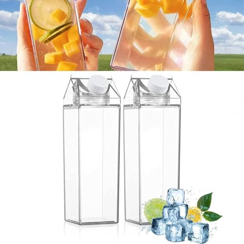 2er-Pack transparente Milchkartons, transparente quadratische Milchkartons, wiederverwendbare transparente Getränkebehälter für Saft und Milch,35-Unzen-Milchbehälter für den Kühlschrank (2PCS-35OZ)