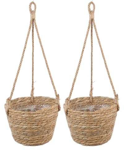 Olly & Rose Cesta colgante natural, paquete de 2 macetas para plantas de 18 cm de diámetro, 14 cm de alto, altura total de 48 cm, macetas colgantes para interiores