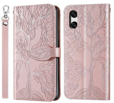 Rostsant Coque Sony Xperia 10 VI Arbre en Relief Housse en Cuir PU Pixel 8a Étui à Fermeture Magnétique Portefeuille Étui à Rabat pour Sony Xperia 10 VI 2024 Or Rose
