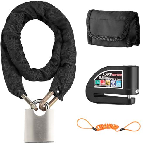 VINTEAM Motorbike Lock Set, Multi Layer Heat Treated Chain and 110db Alarm Disc Lock with Dual Mode Alarm System, for Motorcycles and Scooters