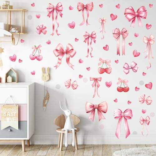 Yinder 12 Blatt rosa Kokette Schleifen-Aufkleber, rosa Schleife, Herz, Wandaufkleber, Abziehen und Aufkleben, Kokette, Raumdekoration, Y2K, ästhetische Kokette, Wandaufkleber, Wandaufkleber, für