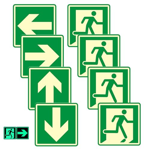Andchi Lot de 8 panneaux de signalisation de sortie lumineux en aluminium avec 4 couples de sortie (vert, 10 x 10 cm)
