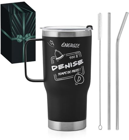 Maverton Mug Isotherme Noir 600 ml en Acier Inoxydable avec Brosse de Nettoyage - Gobelet avec Paille et Couvercle gravé - Cadeau Anniversaire Femme - Idee Cadeau Femme pause cafe
