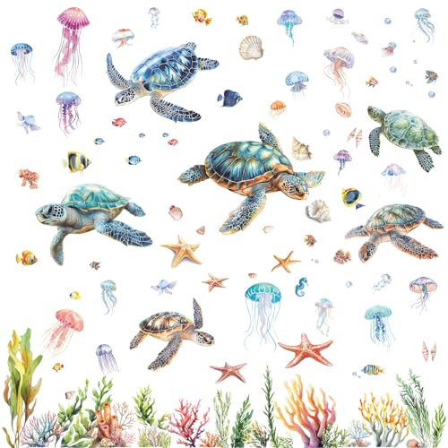SHUCHING Seeschildkröte Wandtattoos, Ozean Tiere Koralle Seegras Wandaufkleber, Wandsticker Wanddeko für Wohnzimmer Schlafzimmer Kinderzimmer Babyzimmer