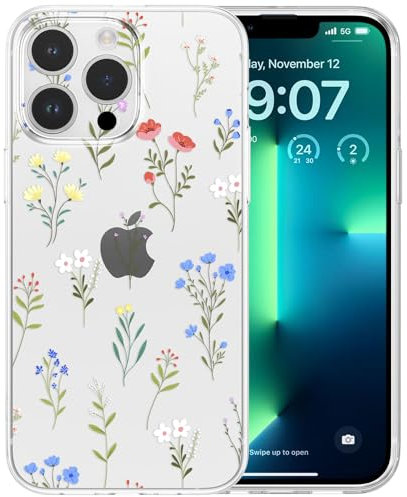 RALEAVO Compatible with iPhone 13 Pro Max Case, Cute Clear Floral Case for Girls Women, Soft Silicone Shockproof Protective Bumper Case with Flowers Patterns Phone Case for iPhone 13 Pro Max - White