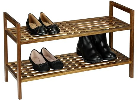 WENKO Regalsystem Mod. Fondi Schuhregal aus massivem Akazienholz für bis zu 6 Paar Schuhe 2 Etagen stapelbar ideal für Flur Diele Braun 69x40,5x27 cm