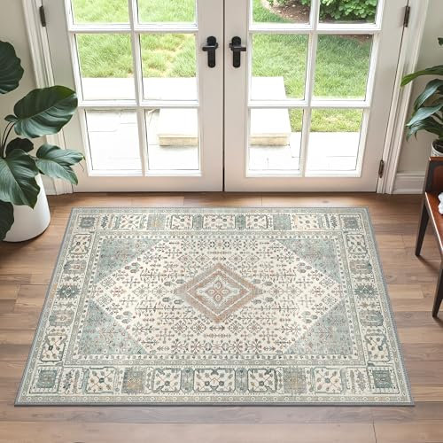 GENIMO Teppich Boho Fußmatte 60x90cm Waschbar Schlafzimmer Teppich No-Slip Teppiche für Eingang Bad, Grün