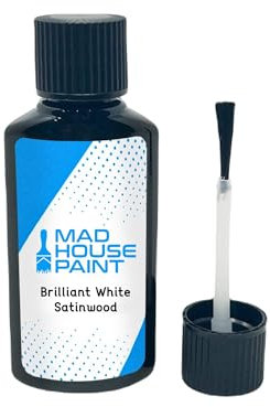 M.A.D MYLDAN AUTO DESIGN Brilliant White Satinwood Touch-Up Paint, 30ml Bottle with Brush - For Walls, Trim, Home Repairs