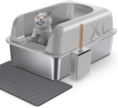 Gimars XL Stainless Steel Cat Litter Box, Large Stainless Steel Cat Litter Tray, 36L Metal Litter Tray with Litter Scoop & Mat, Good for Large Medium Cats