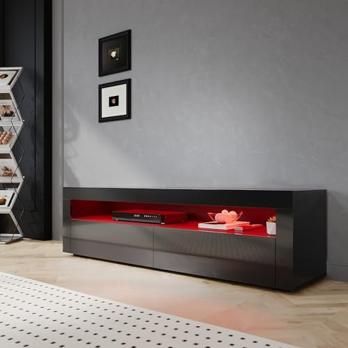 SIRHONA Meuble TV Noir, Meuble Tele avec LED, Éclairage LED RGB avec Couleur réglable, 2 Placards avec Portes, 160x40x45cm, Convient pour Salon ou Chambre