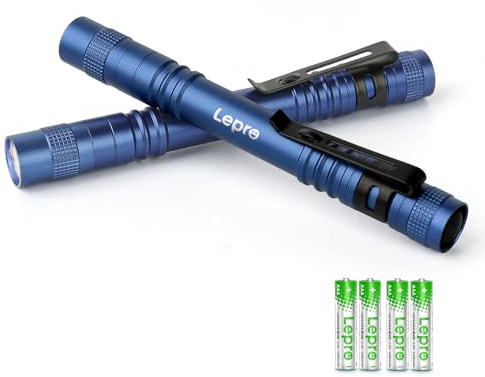 Lepro LED Torch Battery Powered, 2 Pack Pen Torches with Clip, Pocket Sized | 3 Modes, IP44 Waterproof, Slim, Small Flightlight for Inspection, Work, Repair and Nurses, Mechanic (Batteries Included),Blue