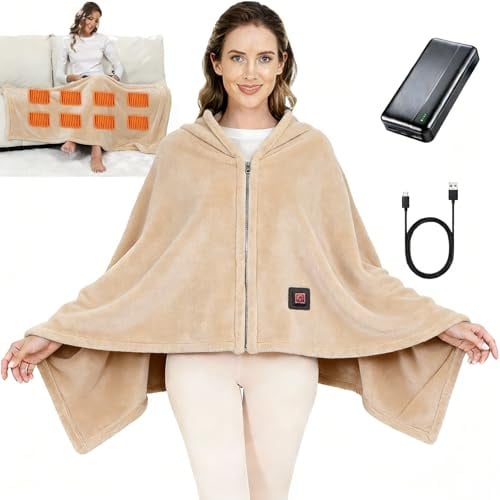 Ahigh Heizdecke mit Akku Kabellos, Elektrische Wärmedecke mit 3 Temperaturstufen & Überhitzungsschutz 150x80cm Doppelseitig Flanell Doppelte Dicke Ideal für Zuhause, Büro, Camping | Waschbar