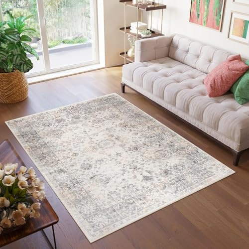 TAPISO Valley Teppich Kurzflor Vintage Hellgrau Blumen Rahmen Orientalisch Used Effekt Meliert Verwischt Wohnzimmer Schlafzimmer ÖKO-TEX 180 x 270 cm