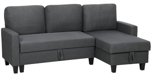 HOMCOM Divano Letto 3 Posti con Chaise Longue Convertibile Grigio Scuro | Divano Angolare con Vano Portaoggetti, Cuscini Sfoderabili in Tessuto Effetto Lino, 197x129x85 cm