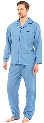 Mens Traditional Pyjamas 2 Piece Set Classic Style Poly Cotton PJs Nightwear Sleepwear Lounge Wear Suit Button Up Long Sleeve Shirt Tops Pants Trousers Elasticated Waist Comfortable Lightweight
