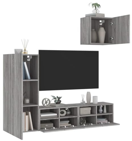 Frdhee Fernseher Schrank, 4-TLG. Wohnwand Grau Holzwerkstoff TV ünitesi für Wohnzimmer, Büro Schlafzimmer