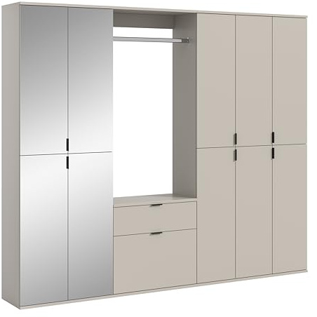 xonox.home – 4 TLG. Garderobenkombination Projekt X 213x193x34 cm in Kaschmir Melamin – Set mit Spiegelschrank, schmaler Kommode, Wandboard & 2 Hochschränken – Ordnungssystem für Textilien