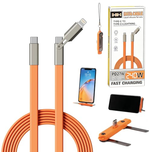 3-In-1 Type C Charger Cable Fast Charging & Phone Stand, 240W Fast Charge Type C & Lightning Double Connector, Charger Cable with Invisible Kickstand for iPhone/iPad/Huawei/Samsung/Xiaomi (Orange)