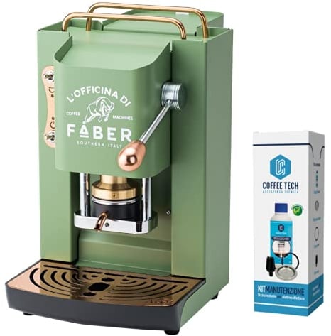 emozioni quotidiane Macchina caffè Faber PRO Deluxe con Rifiniture in Ottone a Cialde in Carta Ese 44 mm + Kit Manutenzione Decalcificante + 20 Cialde Caffe Omaggio (Verde)