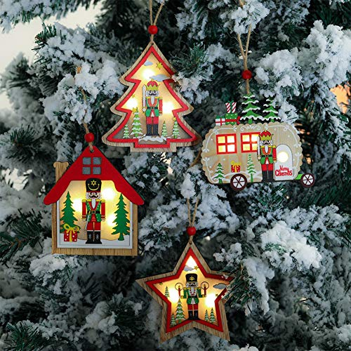Queta 4 Stück LED Weihnachtsanhänger Walnusssoldat Holz Weihnachtsbaumschmuck Christbaumschmuck Anhänger Holz Weihnachtsbaum Deko Weihnachtsdeko zum Aufhängen