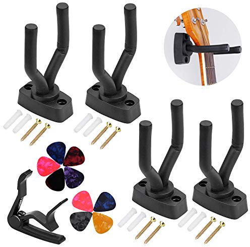 KARAA 31 Pcs Set- 4Pcs Support Guitare Mural+9 Plectres Guitare+Capodastre Pour Guitare +8 Vis Longue+8xAdaptateur Vis en Plastique（2.8CM）Pour Banjo/Ukulele/Fiddle