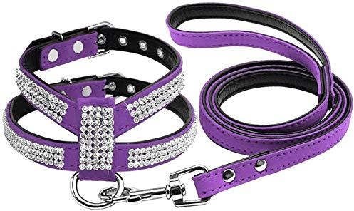 DHGTEP Strass Hundegeschirr Diamant Wildleder Katze Welpe Kätzchen Geschirr & Leine Set für Kleine Mittlere Hund Chihuahua (Color : Violet, Size : S)